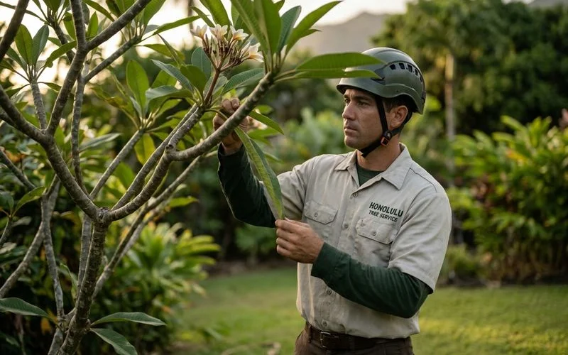 Arborist inspecting a plumeria tree for species-specific pruning