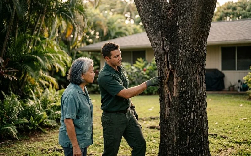 Arborist identifying structural issue