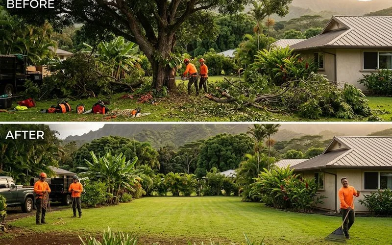 Yard before and after professional tree removal