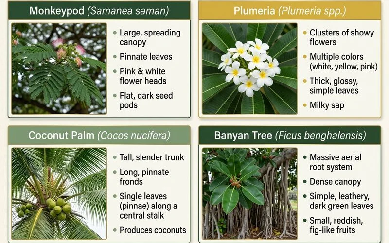 Identification collage of monkeypod, plumeria, coconut palm, and banyan leaves
