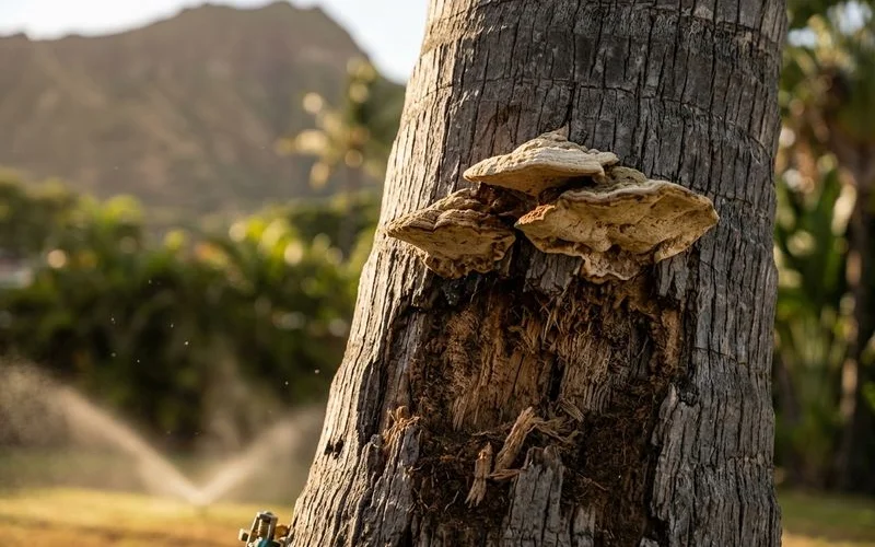 Palm trunk with fungal conks