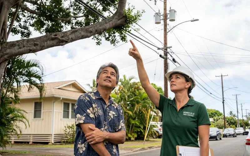 Arborist and homeowner reviewing an overhanging limb near power lines during a storm-prep walk-through