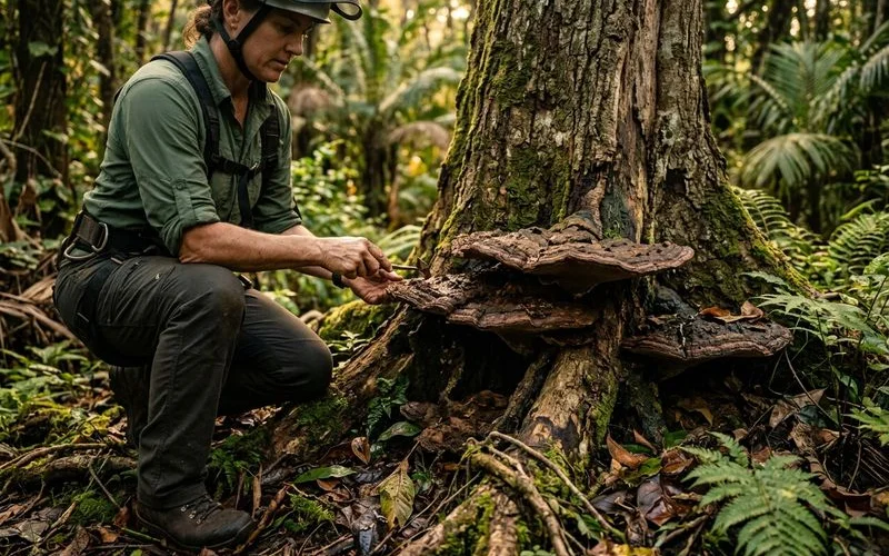 Fungal conks at the base of a tree indicating internal decay
