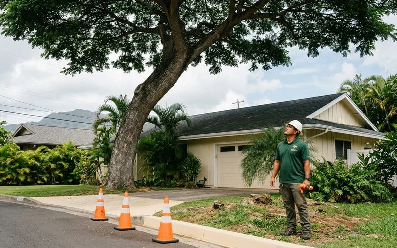 Hawaii Kai property with mature monkeypod leaning over the roofline before removal