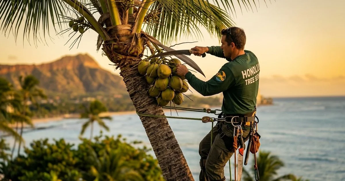 Arborist climbing a coconut palm to remove coconuts in Waikiki