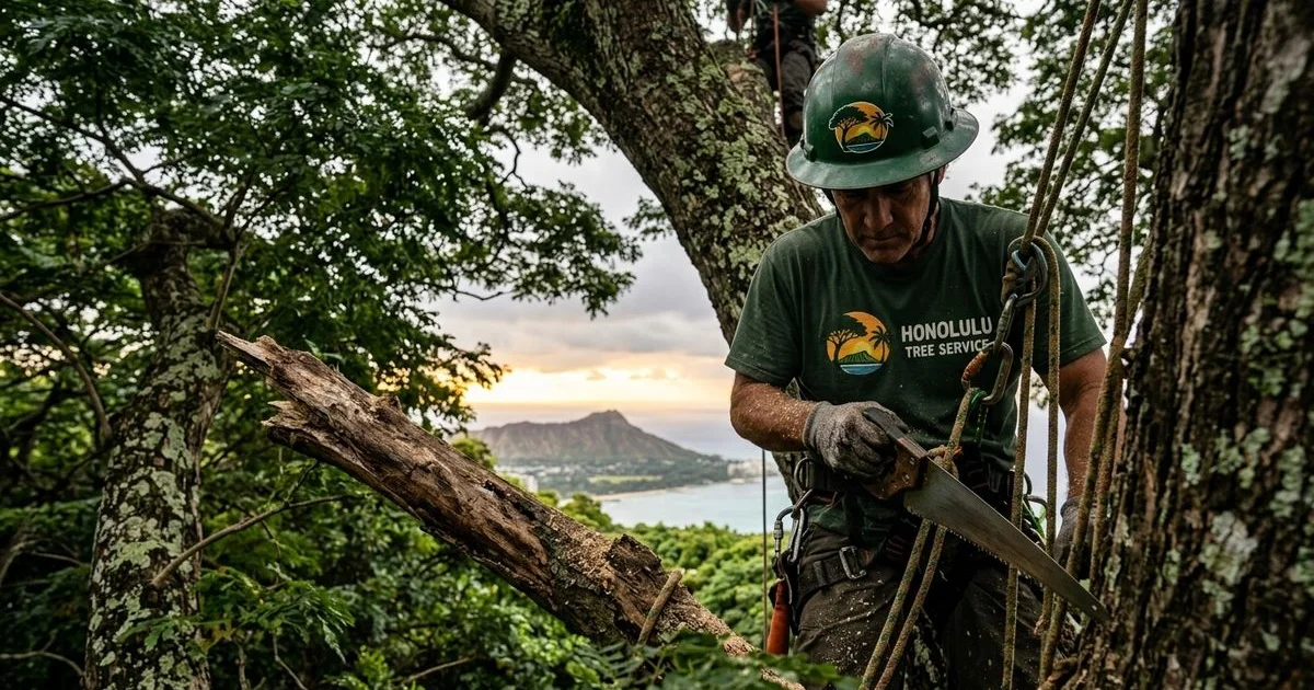 Arborist performing pre-hurricane crown thinning on a mature monkeypod over an Oahu home