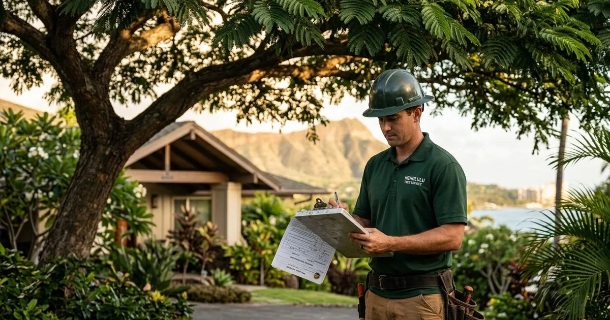 ISA-certified arborist writing an itemized tree care estimate on a Honolulu residential property