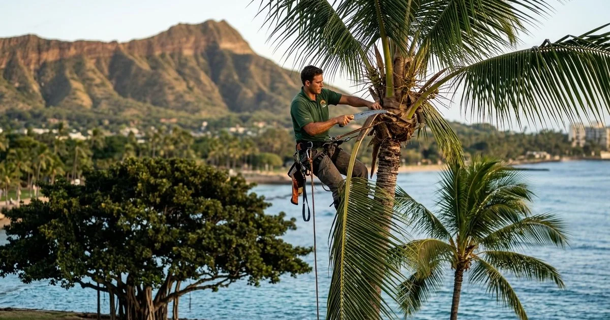 Climber performing routine palm trimming on an Oahu coconut palm