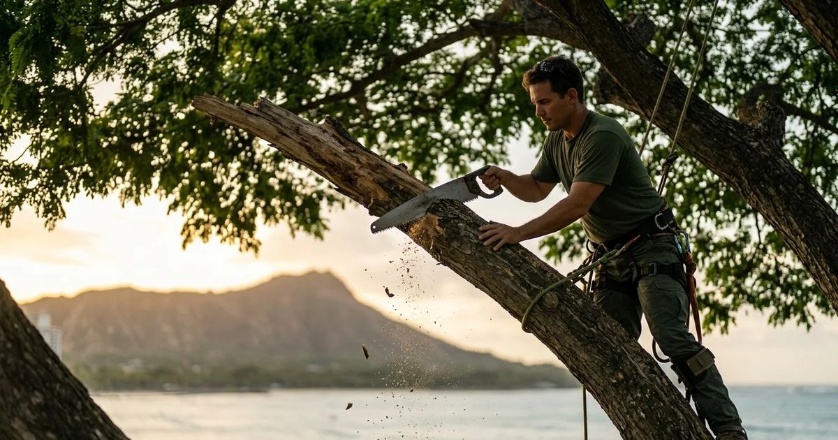 Climber removing a large dead limb from a mature monkeypod