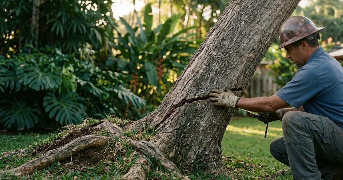 Leaning monkeypod tree with visible structural crack and root heave on Oahu property