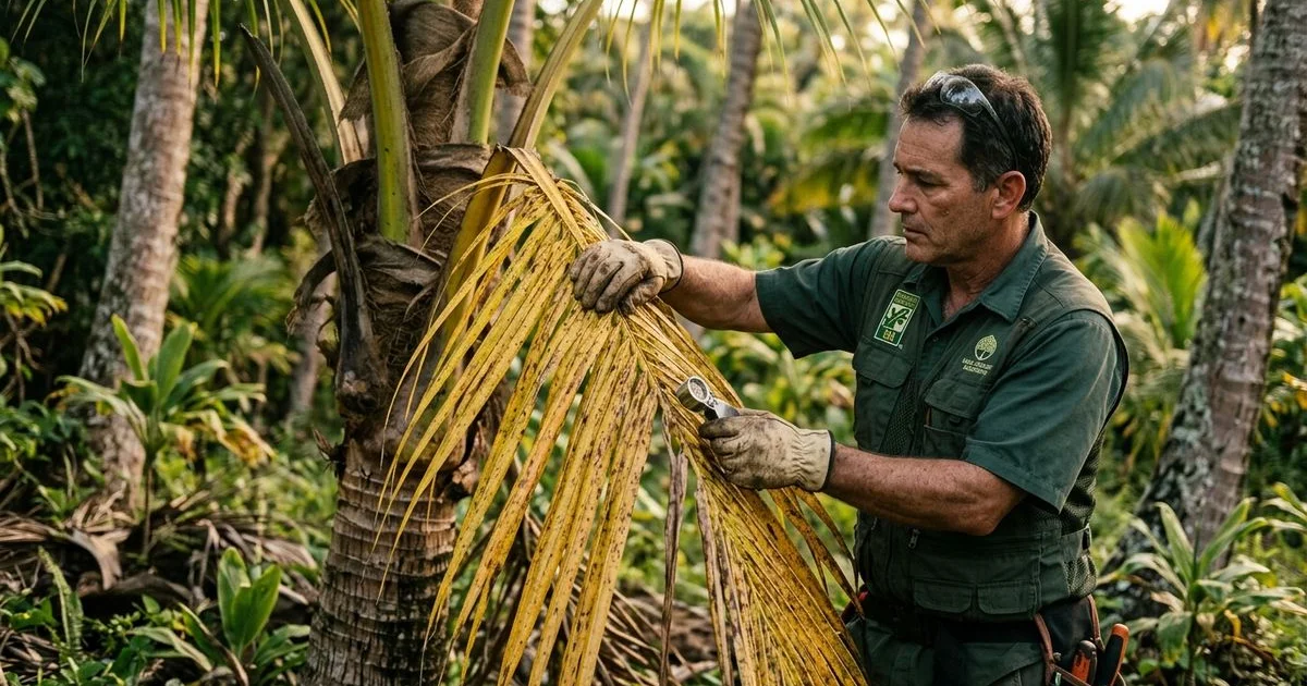 Closeup of yellowing coconut palm fronds being inspected for disease
