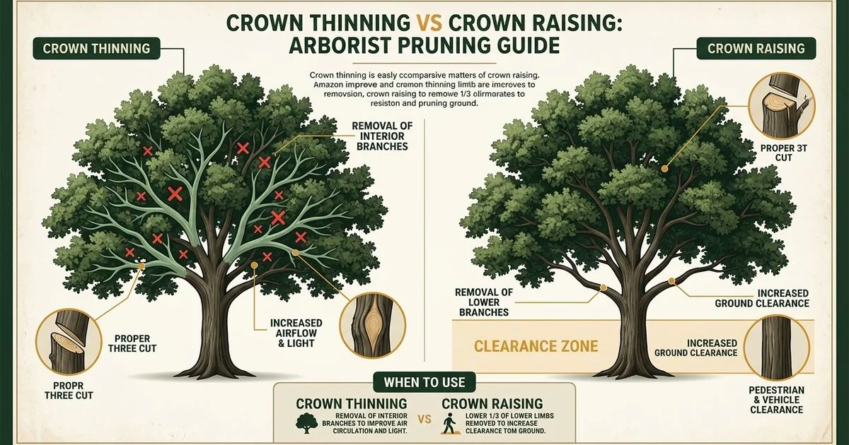 Diagram comparing crown thinning and crown raising techniques on a mature tree
