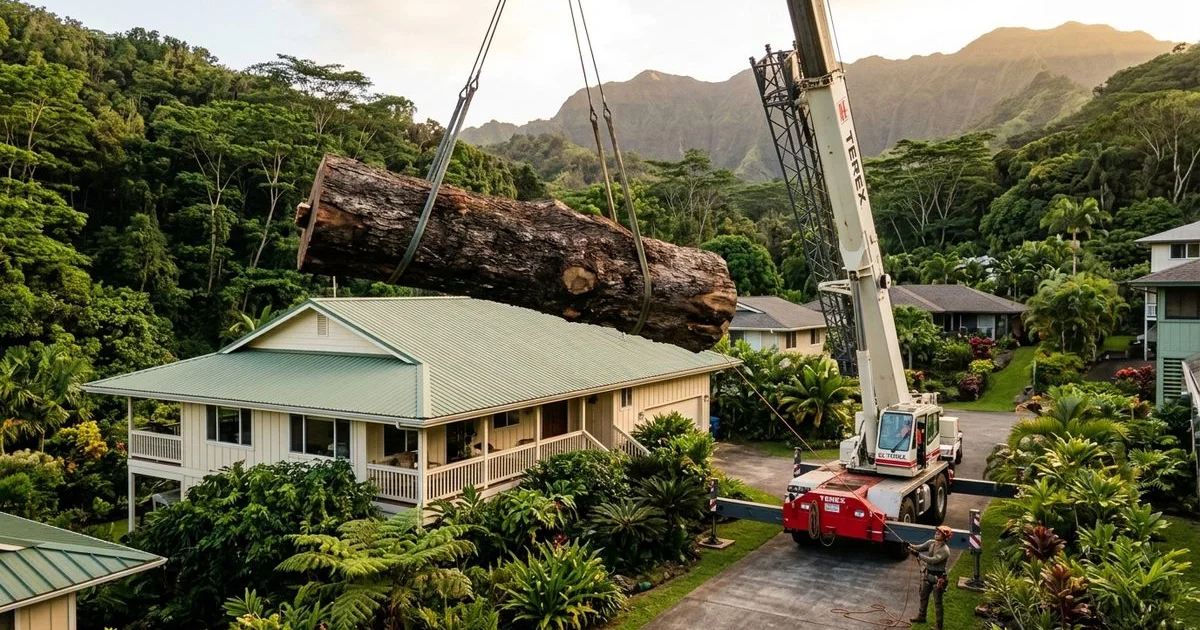 Crane lifting a large monkeypod section over an Oahu home during technical removal