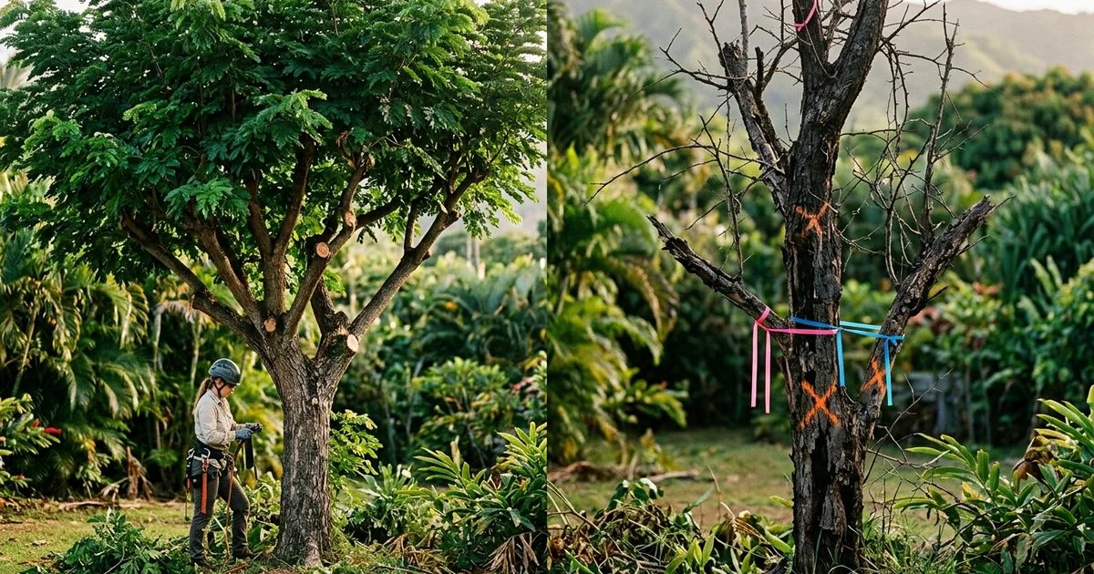 Side-by-side comparison of a healthy pruned tree versus a declining tree marked for removal