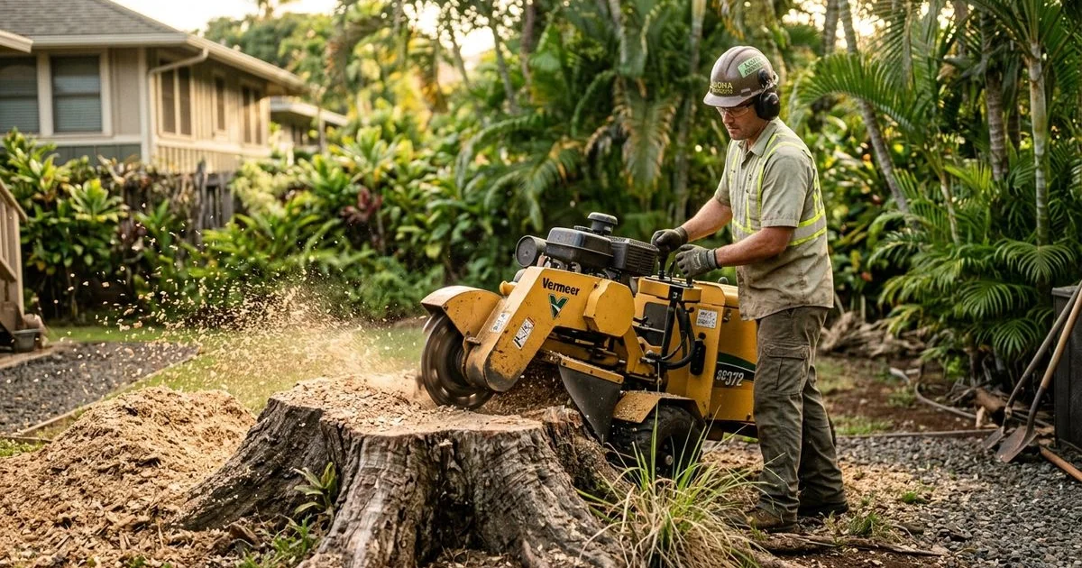 Stump grinder operator working on a large monkeypod stump in an Oahu yard
