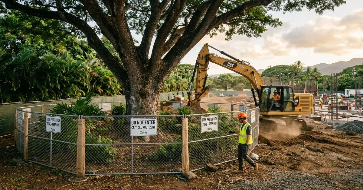 Tree protection zone around a mature tree at an active construction site